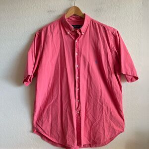 RALPH LAUREN Blue Label Vtg Coral Pink Short Sleeve Button Down Shirt Men XLT